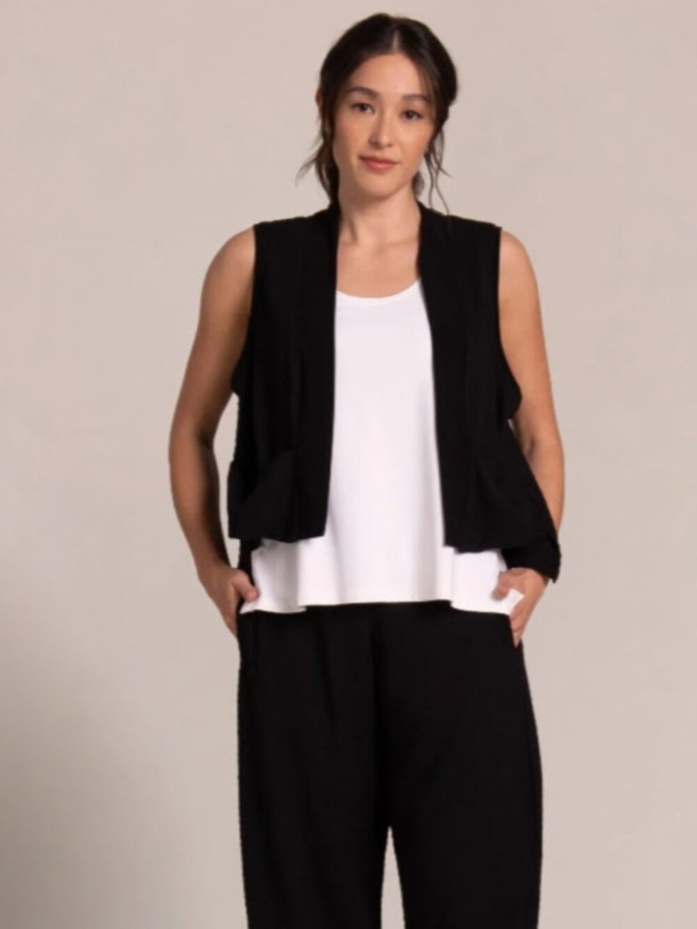 Sympli Pop Cropped Core Textured Vest in Black Minimalist Lagenlook Women's 10